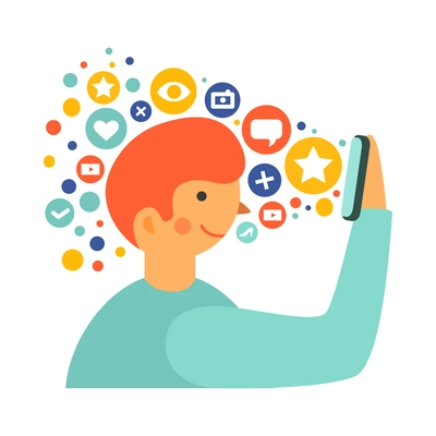 Social media flat concept with communication symbols and man using smartphone vector illustration