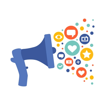 Megaphone with social media marketing symbols flat concept vector illustration