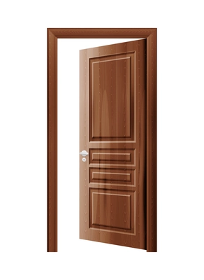 Opened modern wooden door with silver handle realistic vector illustration