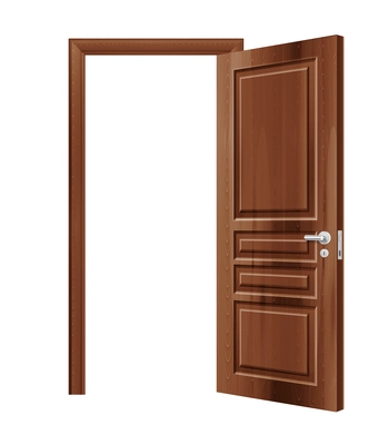 Realistic opened wooden door on white background vector illustration