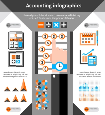 Accounting infographics set with hand and finance investment elements vector illustration