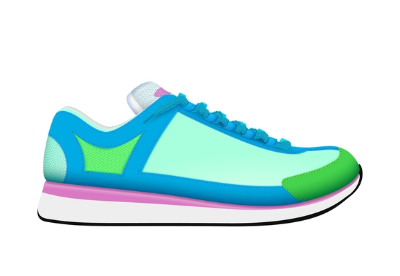 Colorful bright trendy sport shoe side view against white background realistic vector illustration