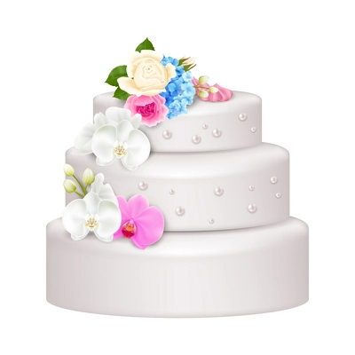 Realistic beautiful white wedding cake decorated with flowers and artificial pearls vector illustration