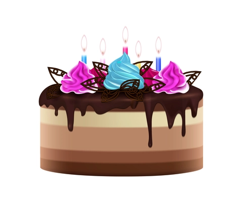 Realistic handmade birthday cake with chocolate topping whipped cream and lighted candles vector illustration