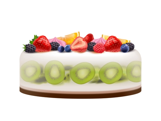 Delicious festive cake decorated with fresh fruits and berries realistic vector illustration
