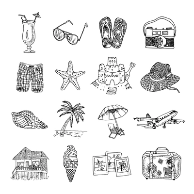 Summer vacation travel black graphic icons set with sun palm beach and martini isolated doodle vector illustration