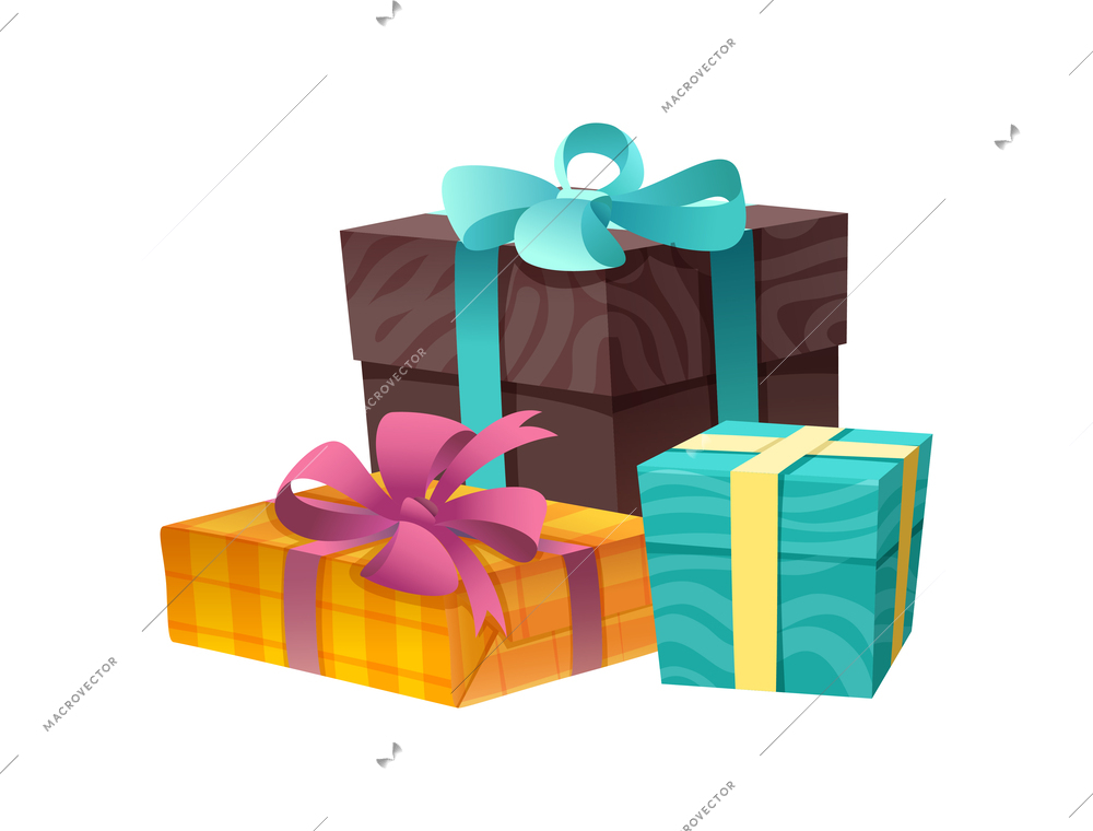 Colorful realistic gift boxes with ribbons vector illustration