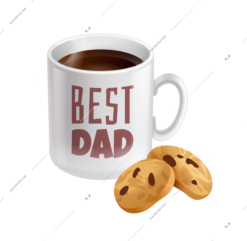 Realistic white best dad cup of coffee with two cookies vector illustration