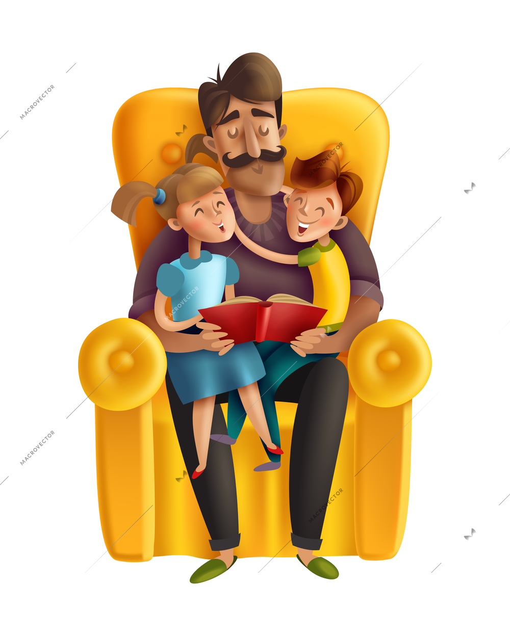 Father reading book to happy son and daughter sitting on his knees realistic vector illustration