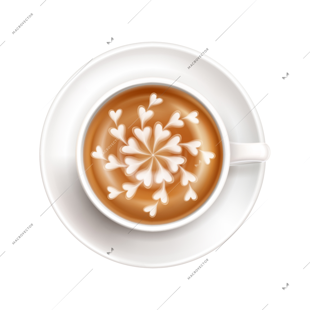 Realistic white cup on saucer with latte art hearts pattern vector illustration