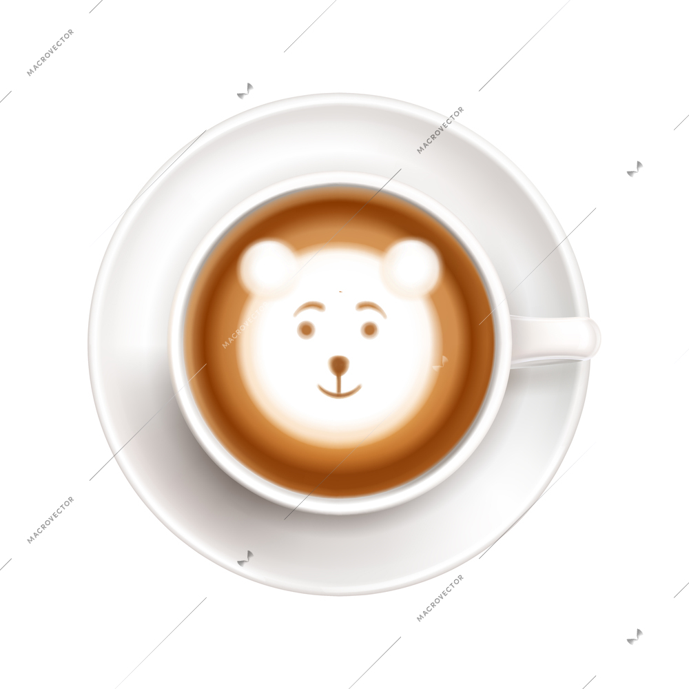 Realistic white cup on saucer with latte art cute bear face top view vector illustration