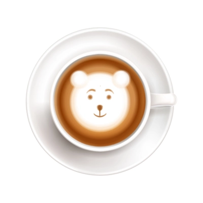 Realistic white cup on saucer with latte art cute bear face top view vector illustration