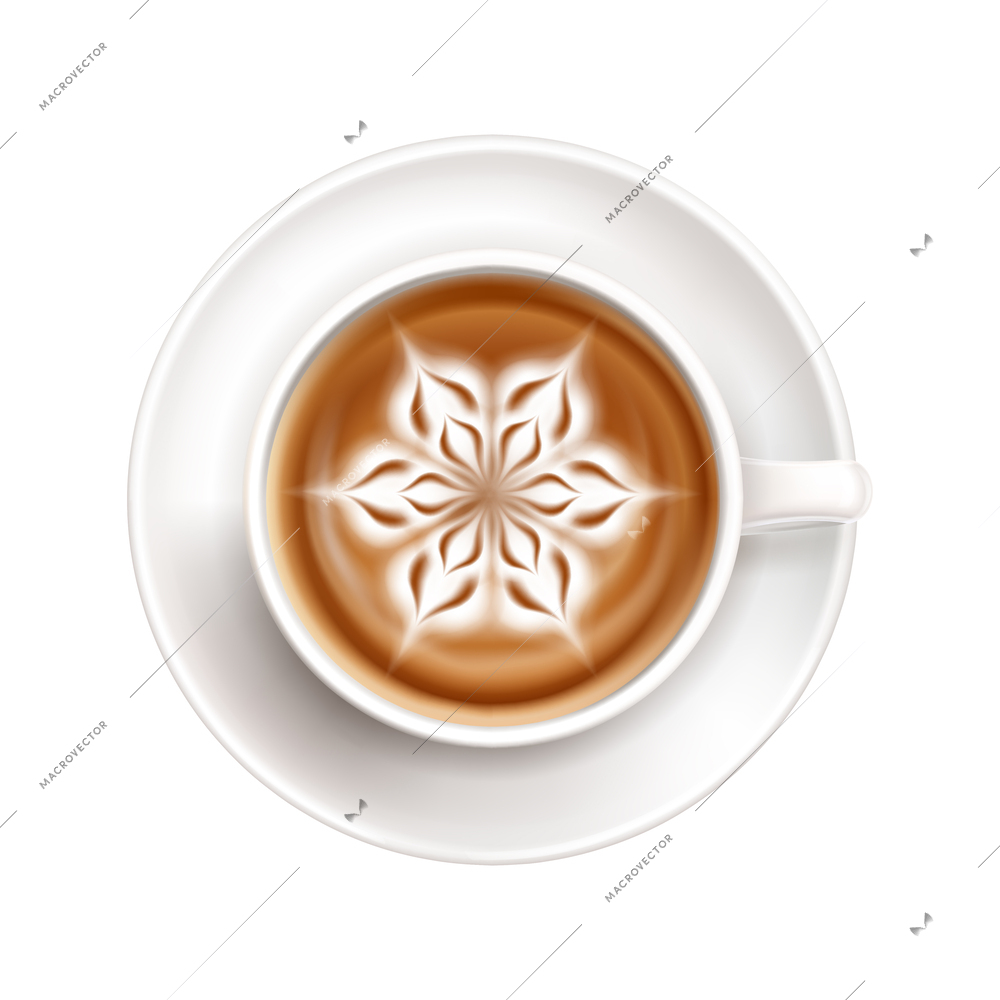 Realistic white cup on saucer with snowman latte art vector illustration