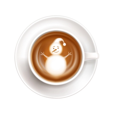 Realistic white cup on saucer with latte art with snowman image top view vector illustration