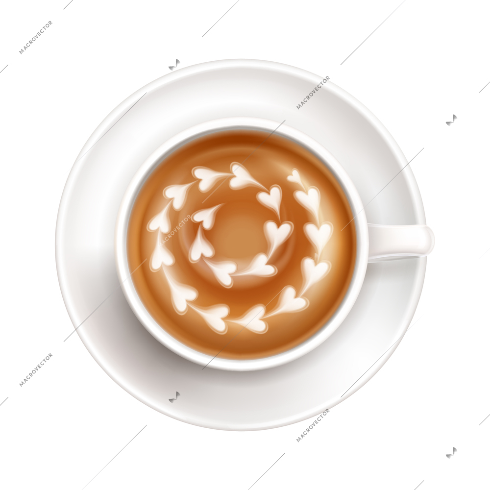 Realistic white cup on saucer with latte art top view vector illustration