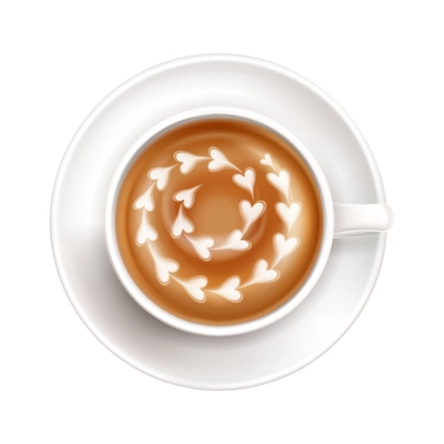 Realistic white cup on saucer with latte art top view vector illustration