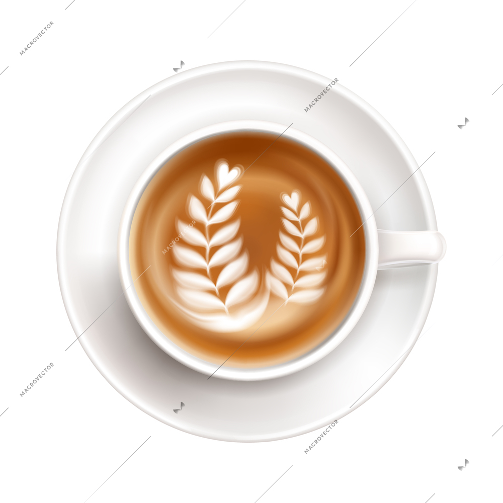 Realistic white cup on saucer with leaves latte art top view vector illustration