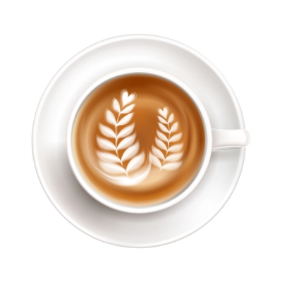 Realistic white cup on saucer with leaves latte art top view vector illustration