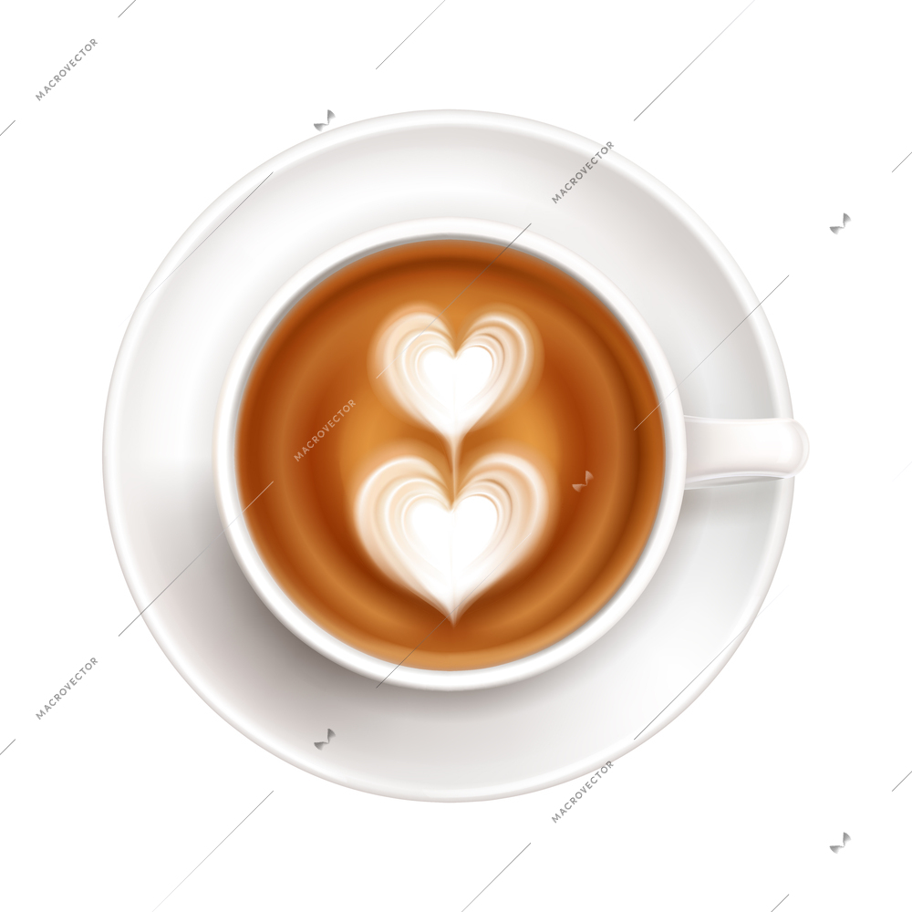 Realistic white cup on saucer with hearts latte art top view vector illustration