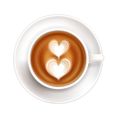 Realistic white cup on saucer with hearts latte art top view vector illustration