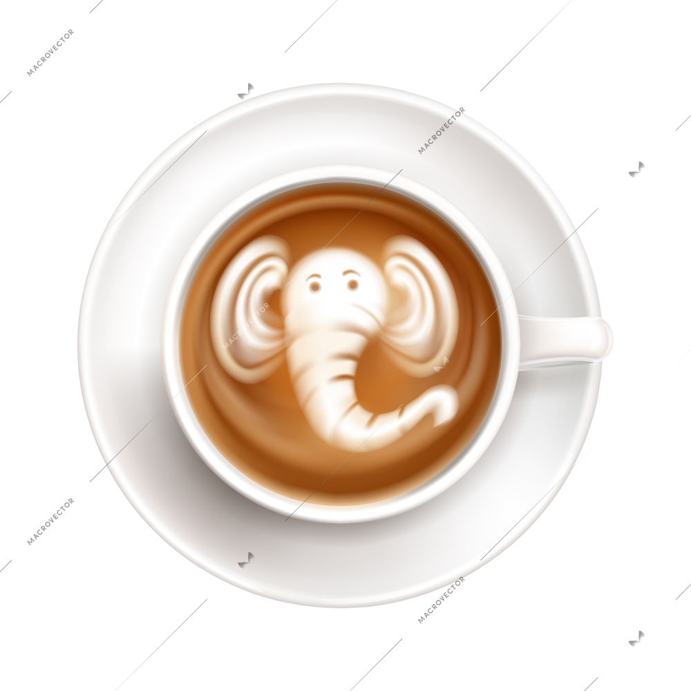 Realistic white cup on saucer with elephant latte art top view vector illustration