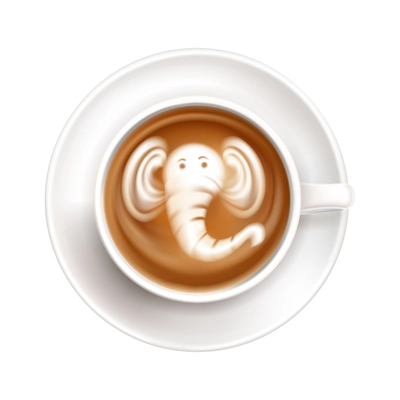 Realistic white cup on saucer with elephant latte art top view vector illustration