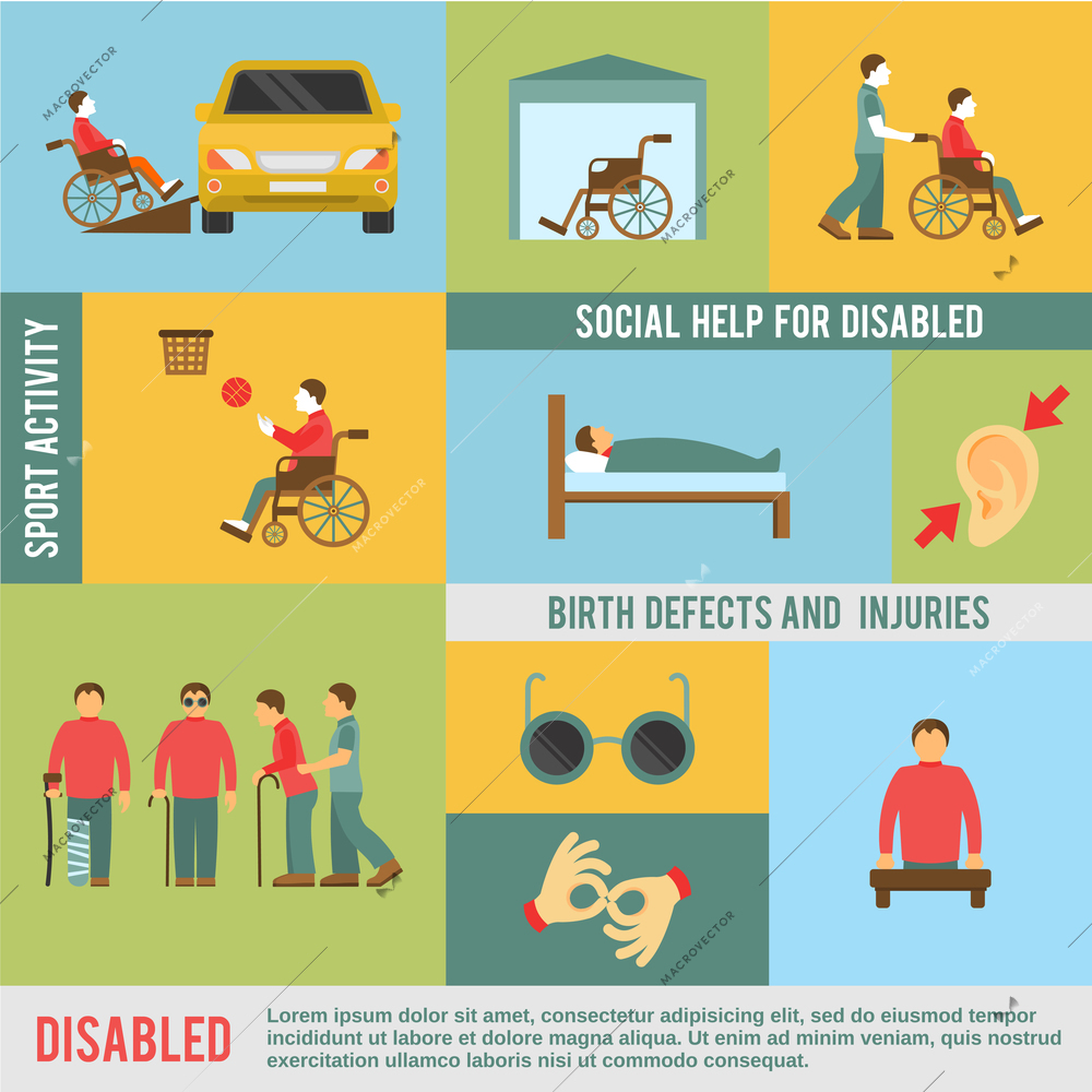 Disabled icons set with social help and sport activities symbols isolated vector illustration