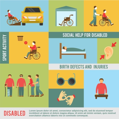 Disabled icons set with social help and sport activities symbols isolated vector illustration