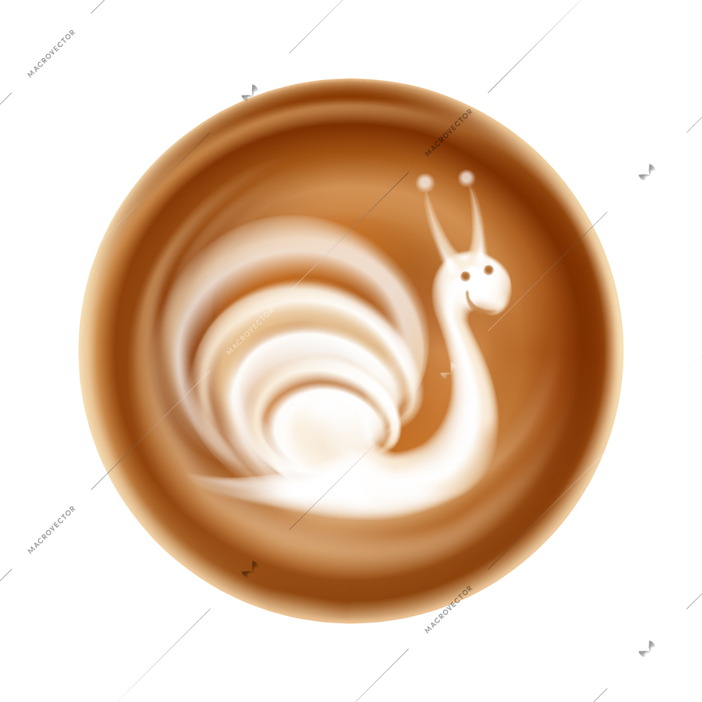 Latte art with cute snail top view realistic vector illustration