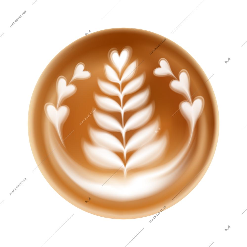 Realistic latte art on coffee froth top view vector illustration