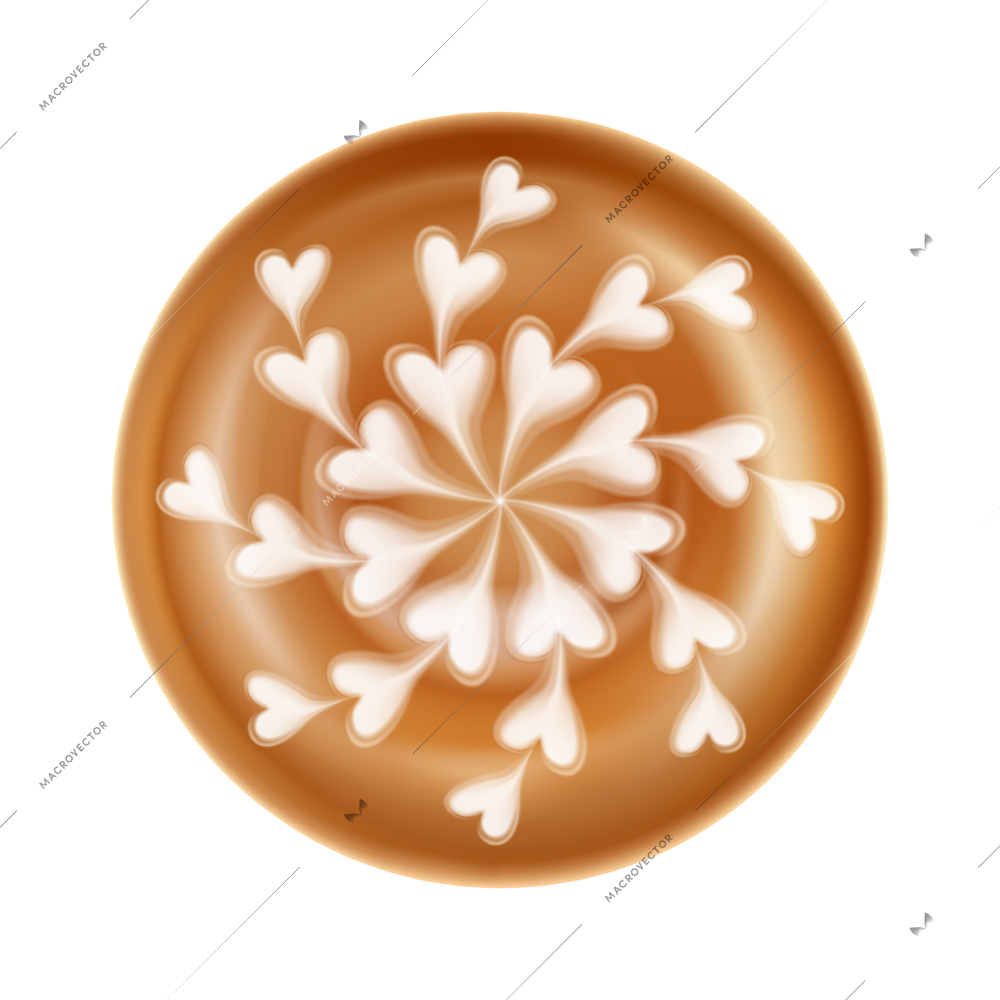 Latte art with hearts pattern top view realistic vector illustration