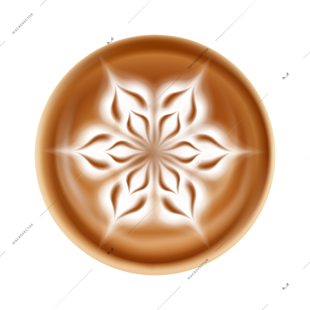 Realistic latte art with snowflake pattern top view vector illustration