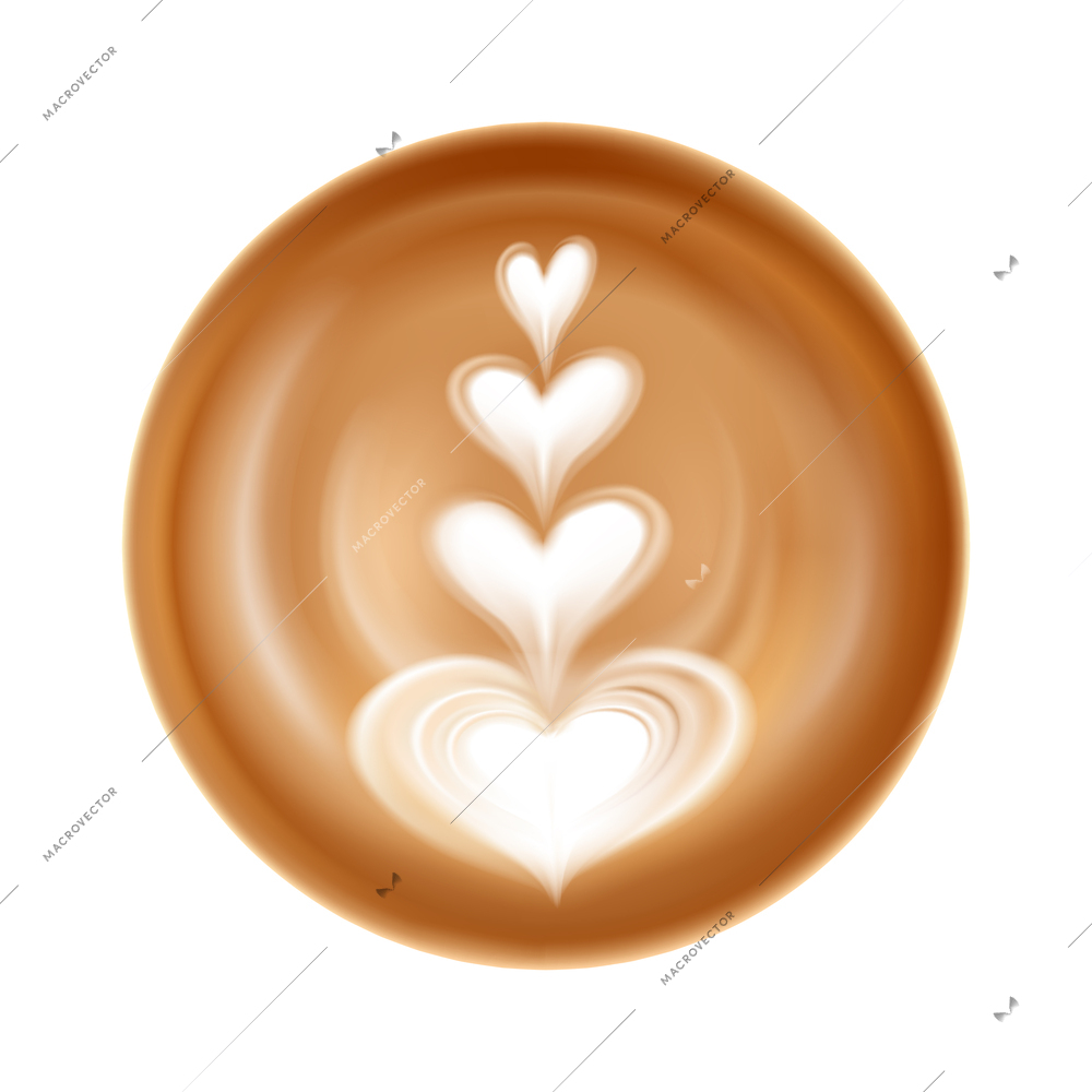 Realistic latte art image with hearts top view vector illustration