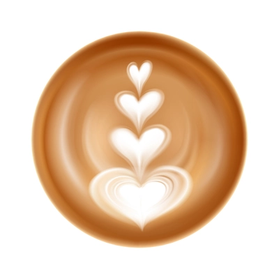 Realistic latte art image with hearts top view vector illustration