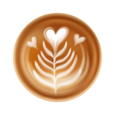 Realistic latte art with hearts top view vector illustration