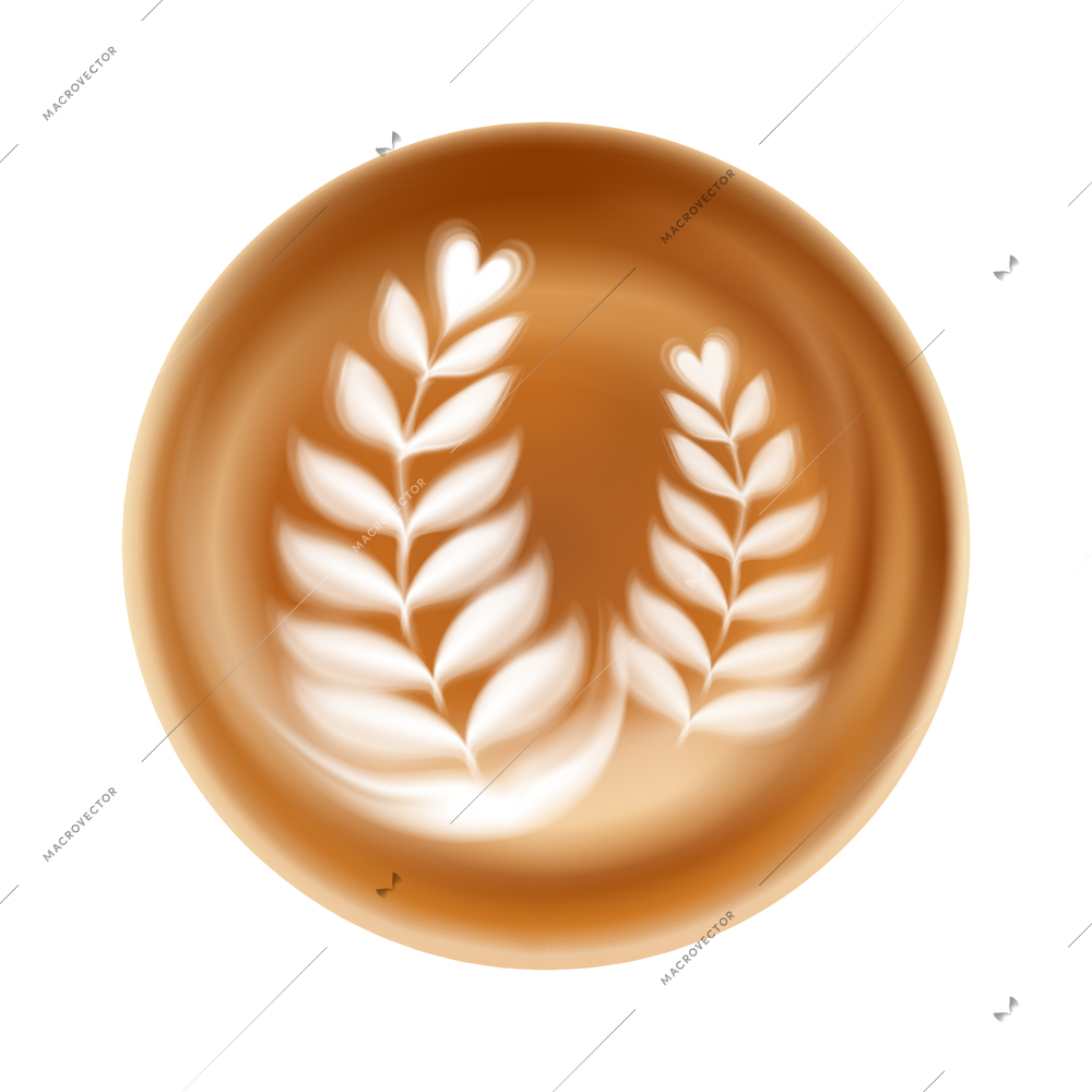 Realistic beautiful latte art with leaves on coffee froth vector illustration