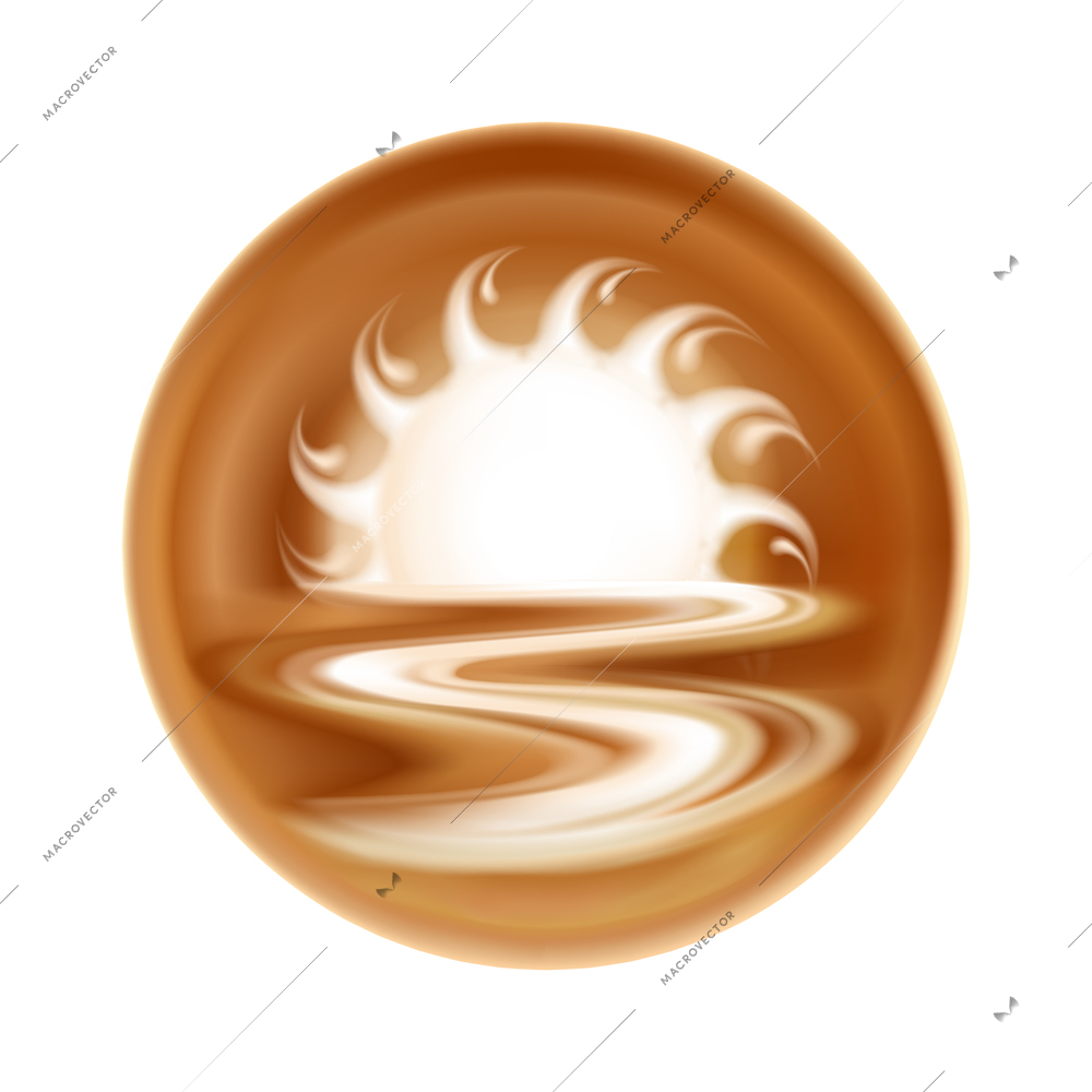 Realistic latte art with sun landscape image vector illustration