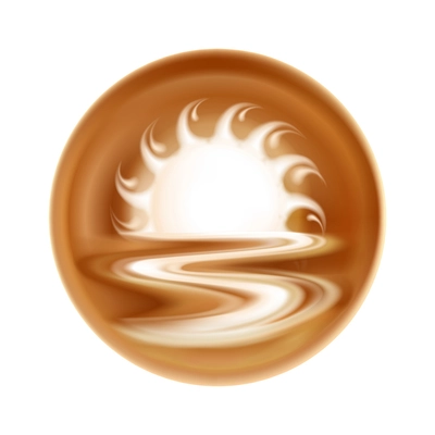 Realistic latte art with sun landscape image vector illustration