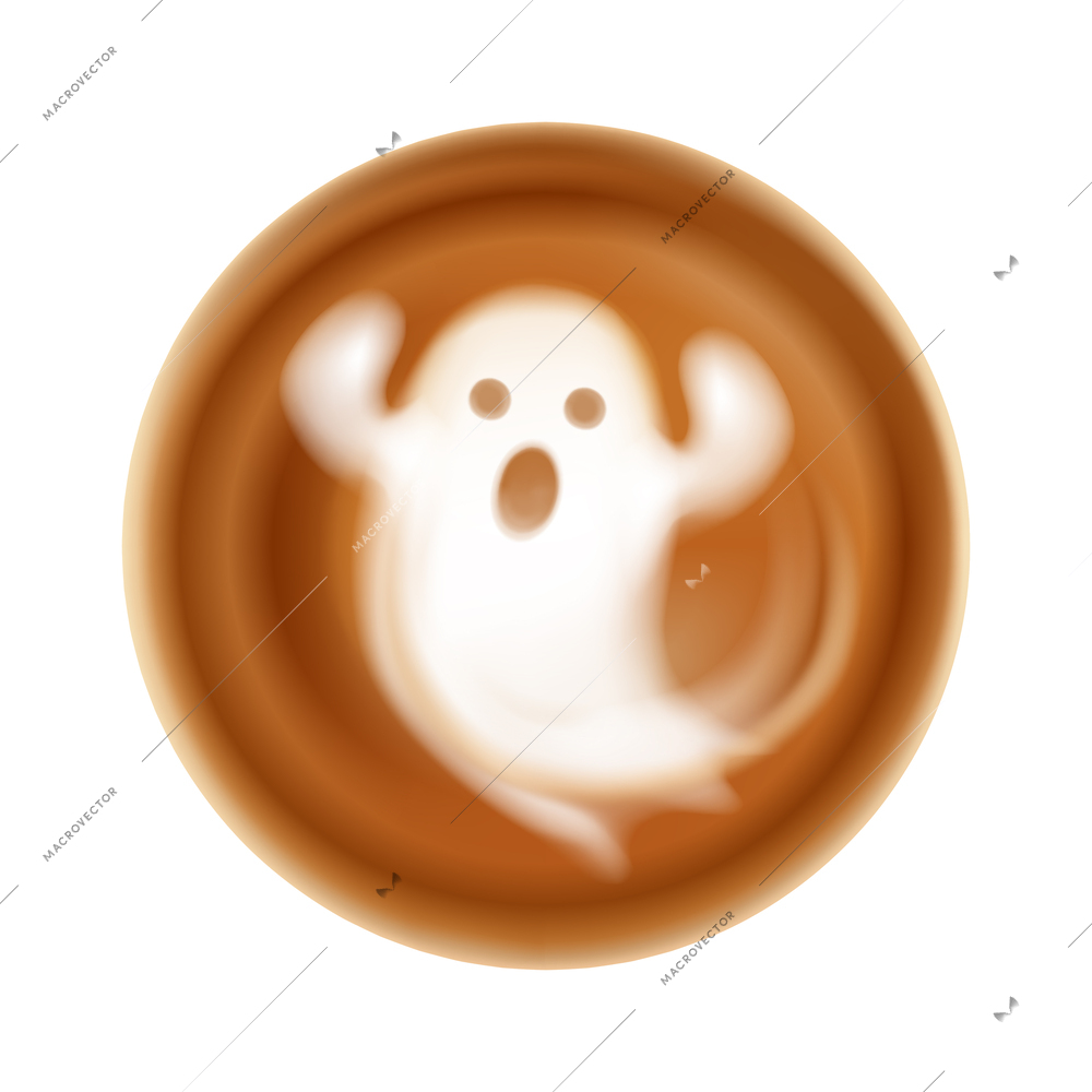 Realistic latte art with funny ghost image vector illustration