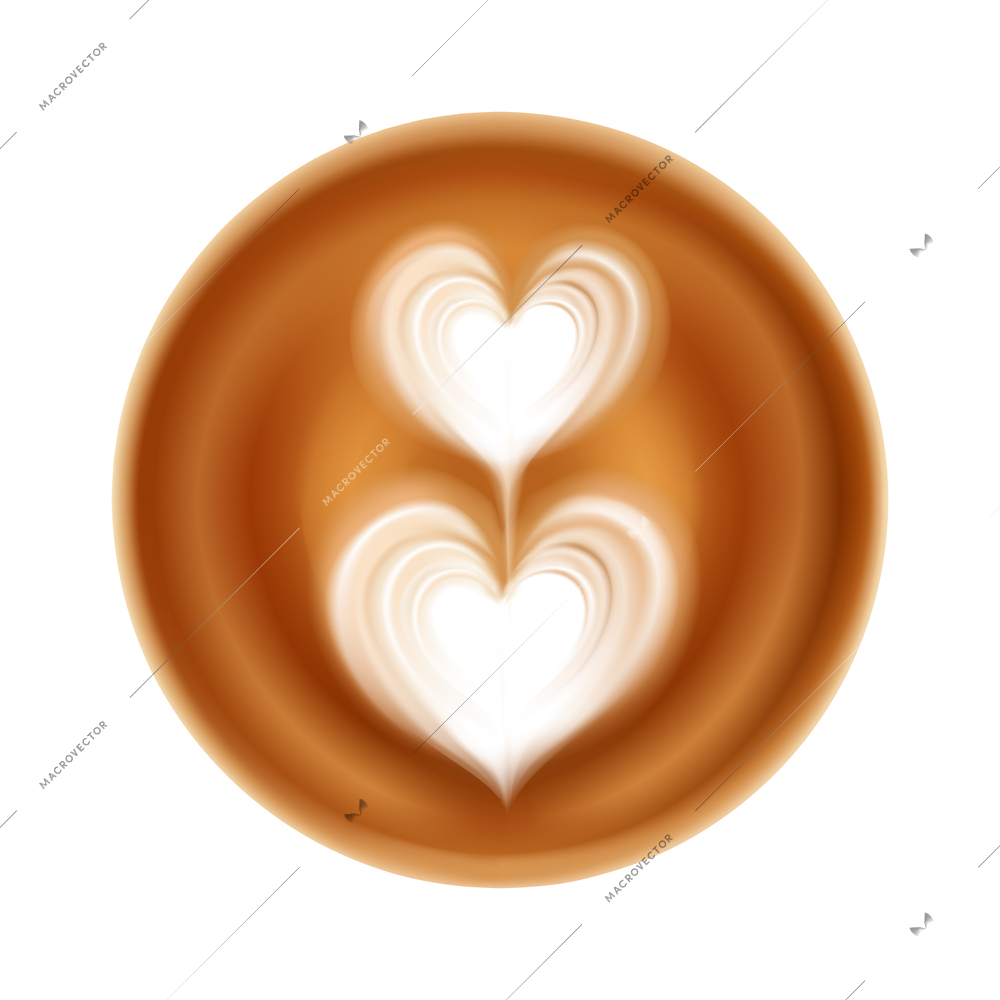 Realistic latte art with hearts image on coffee froth vector illustration