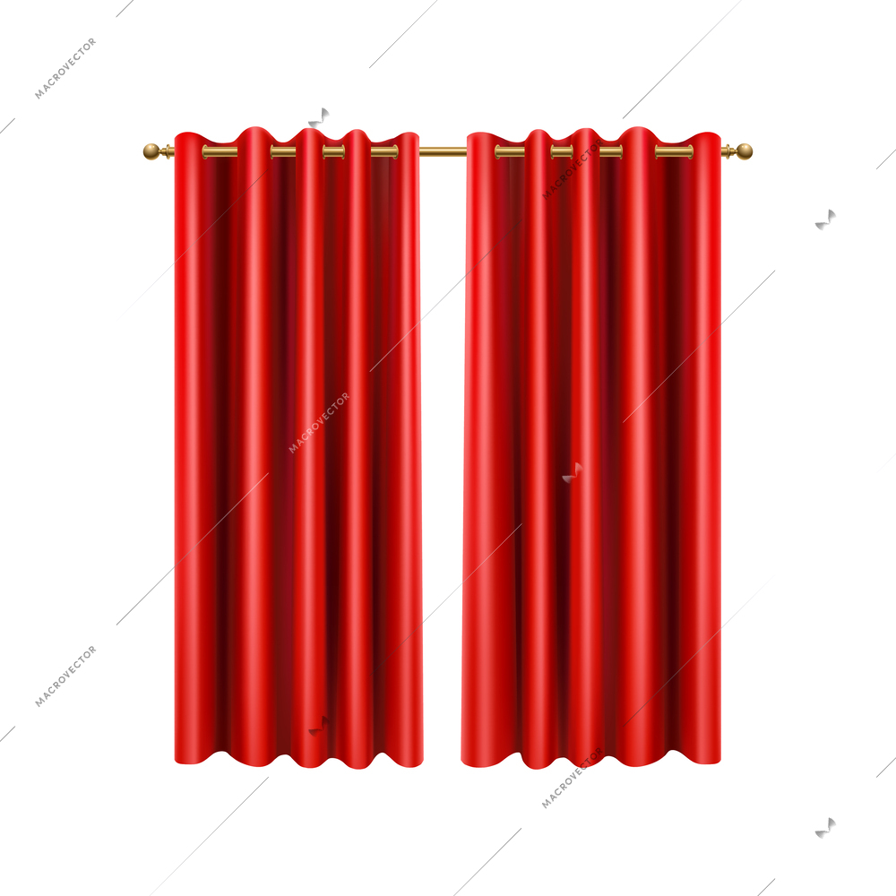 Realistic luxury red silk curtains on golden rail vector illustration