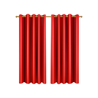 Realistic luxury red silk curtains on golden rail vector illustration