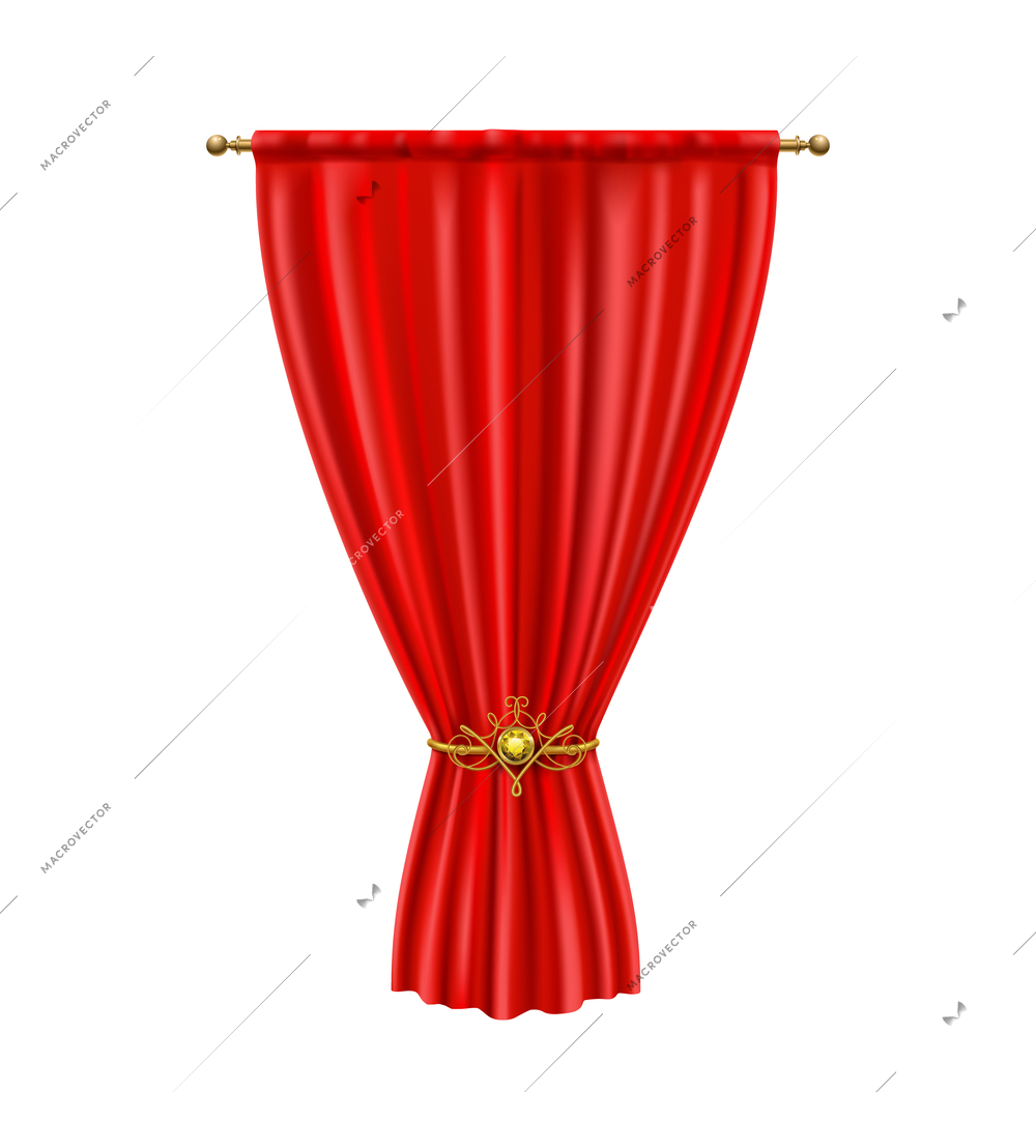 Realistic luxury red silk curtain tied with elegant golden metal tieback vector illustration