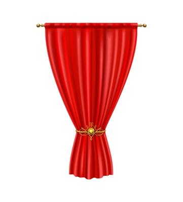 Realistic luxury red silk curtain tied with elegant golden metal tieback vector illustration