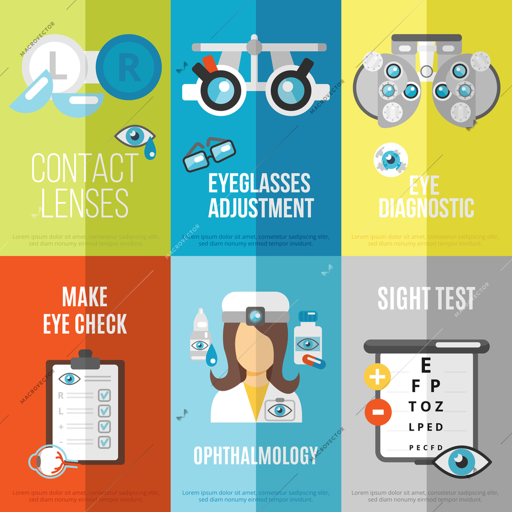 Oculist mini poster set with ophthalmology sight test eyeglasses adjustment isolated vector illustration