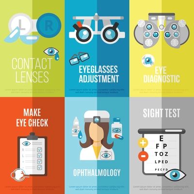 Oculist mini poster set with ophthalmology sight test eyeglasses adjustment isolated vector illustration