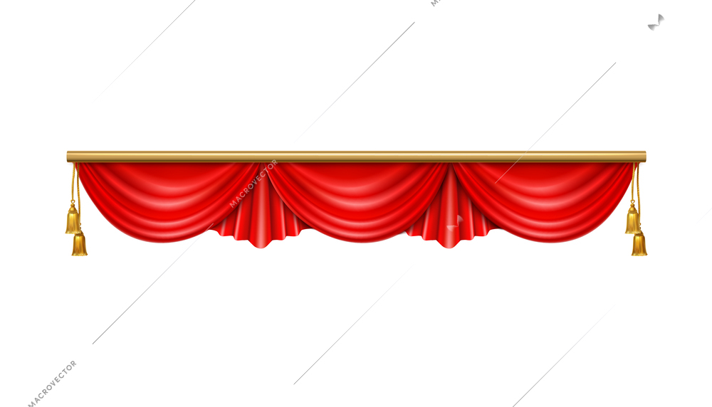 Luxury red decorative curtains with golden tassels realistic vector illustration