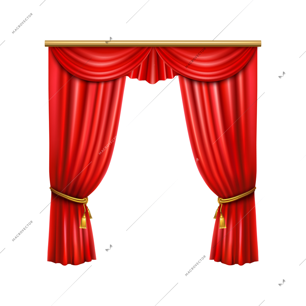 Realistic luxury red curtains tied with golden ropes with tassels vector illustration