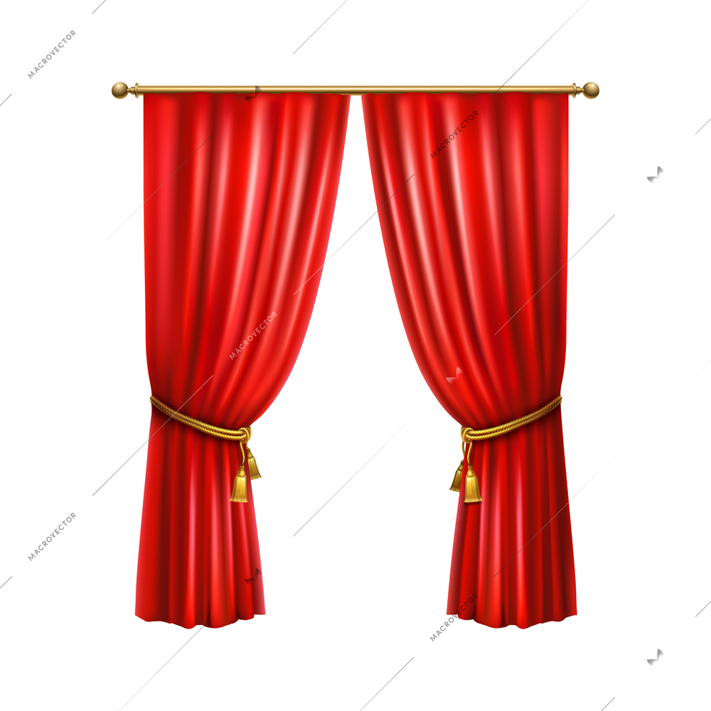 Realistic luxury red curtains with golden tassels for living room interior vector illustration