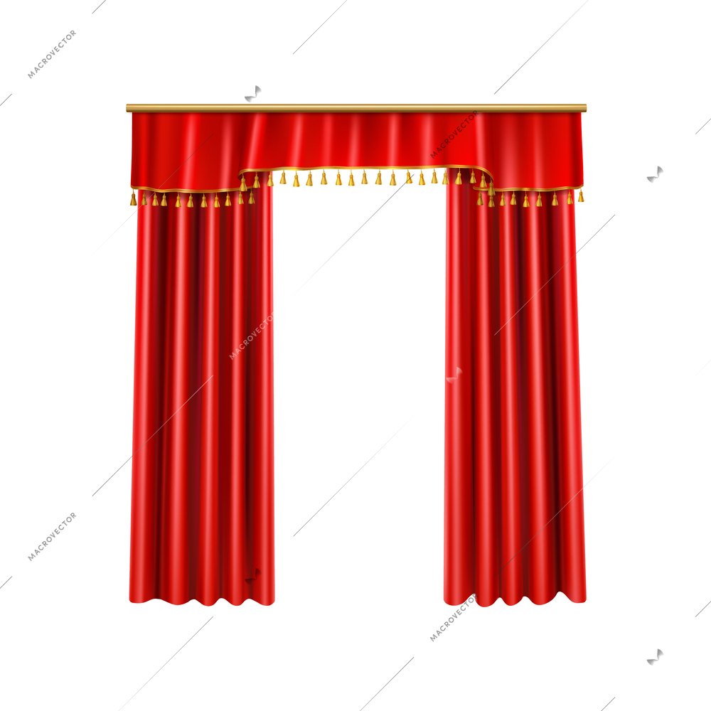 Luxury red curtains with golden tassels realistic vector illustration